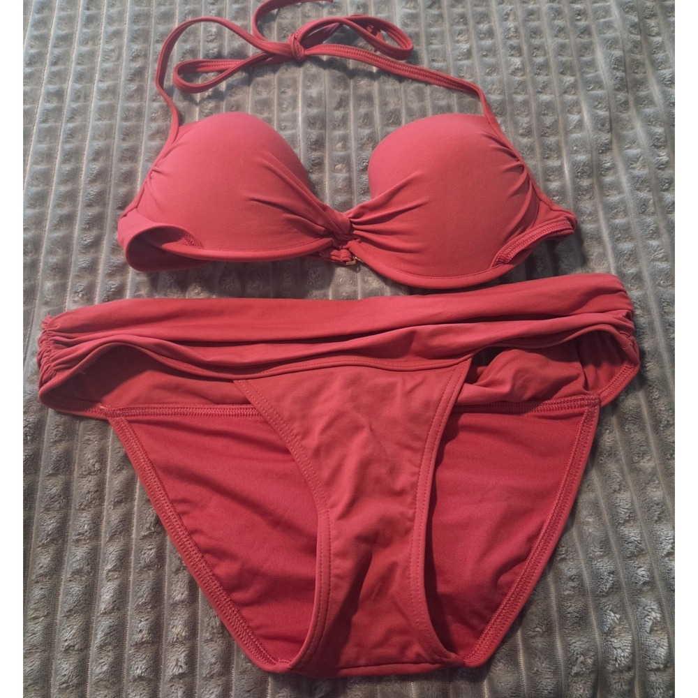 Victoria's Secret Swim Red Push Up Halter Bikini Set 34C Foldover Bottom Vintage